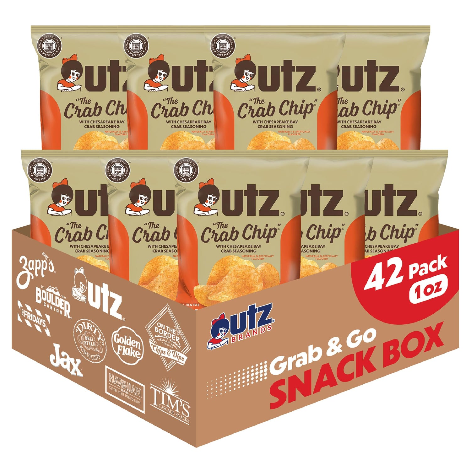 Utz Crab Chips 1oz bag showing crisp chips and branding for convenient snacking