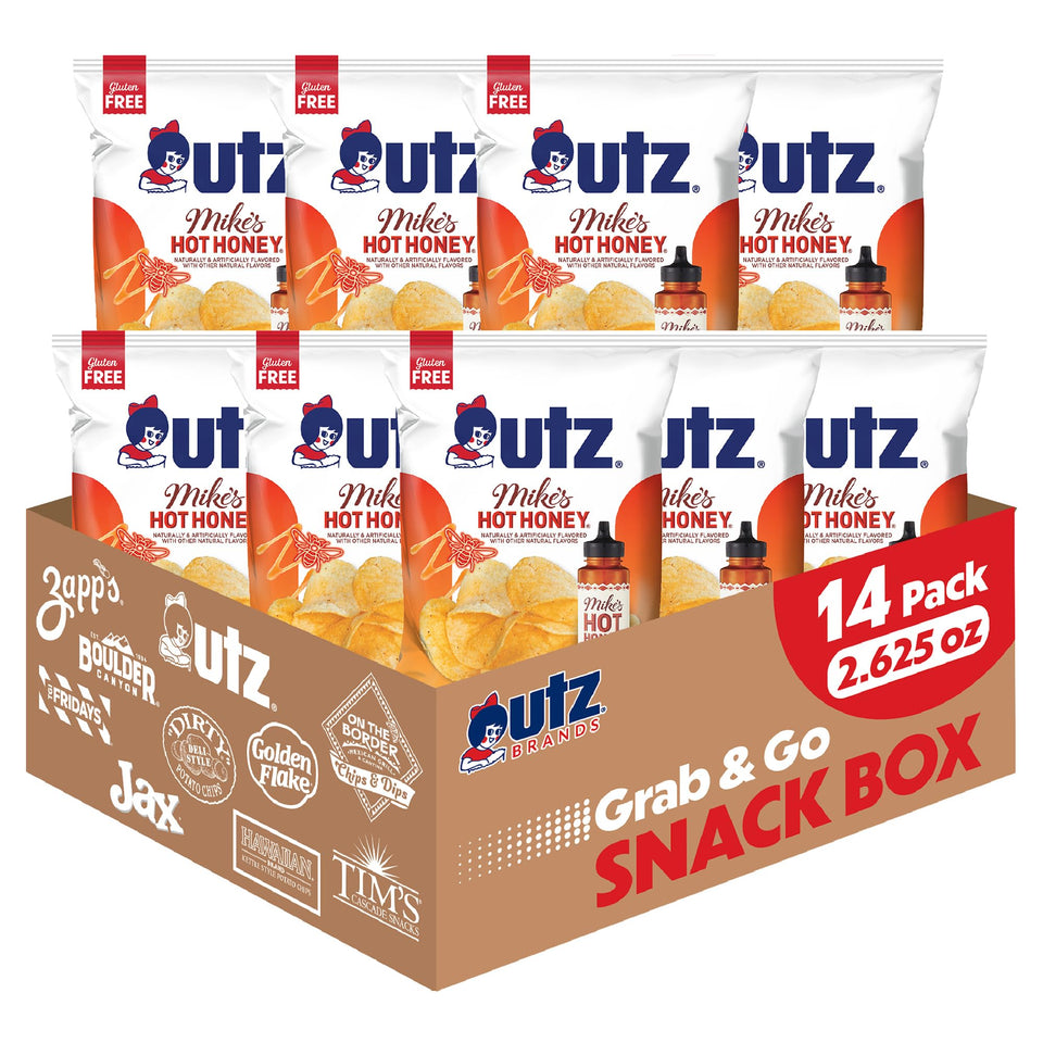 Utz Mike’s Hot Honey potato chips close-up reveals crispy, honey-kissed coating.