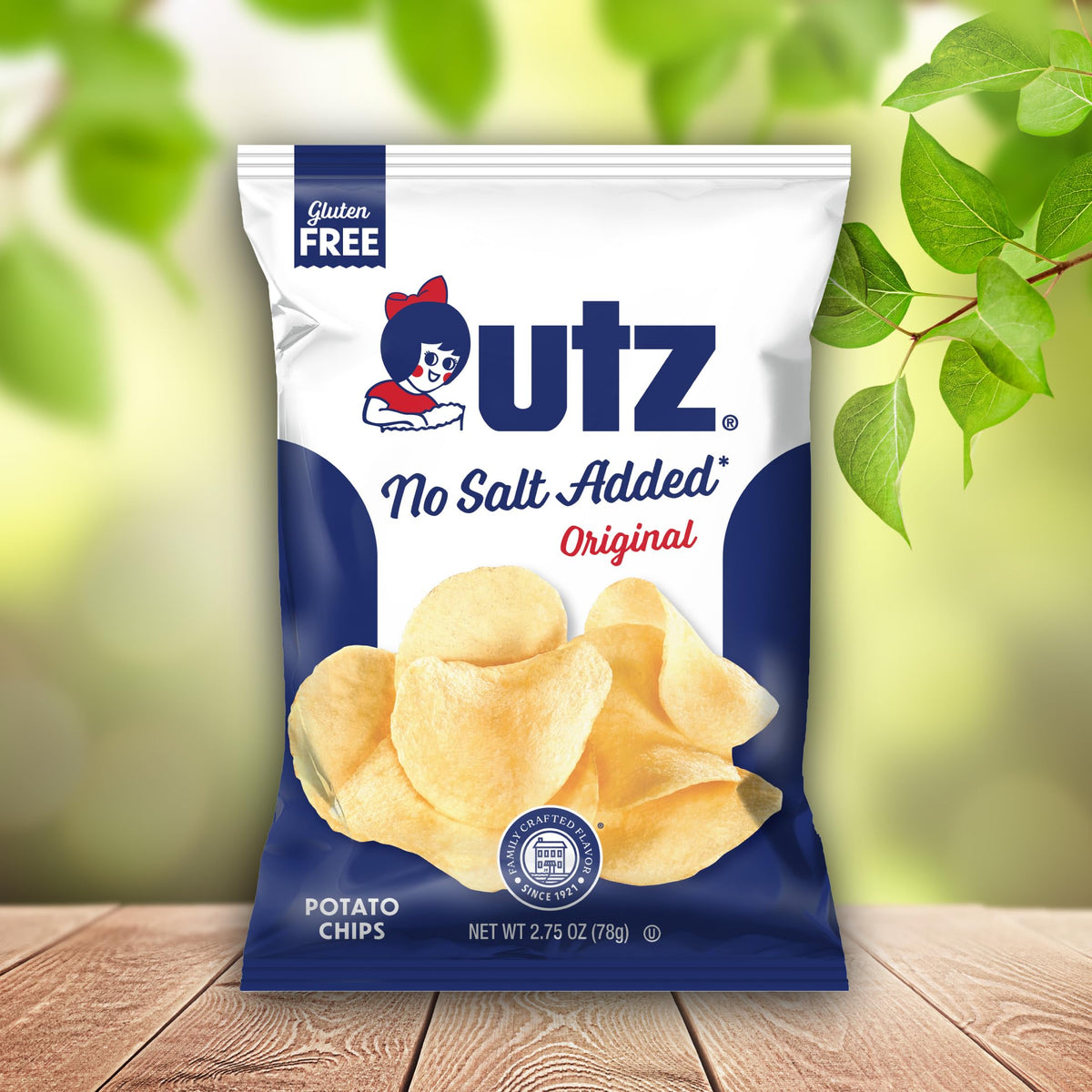 Utz No Salt Added chips on pantry shelf for quick, simple snacking