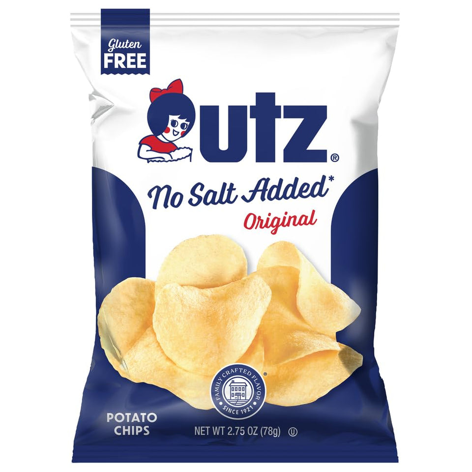Utz No Salt Added Potato Chips bag close-up showing crisp texture for everyday snacking