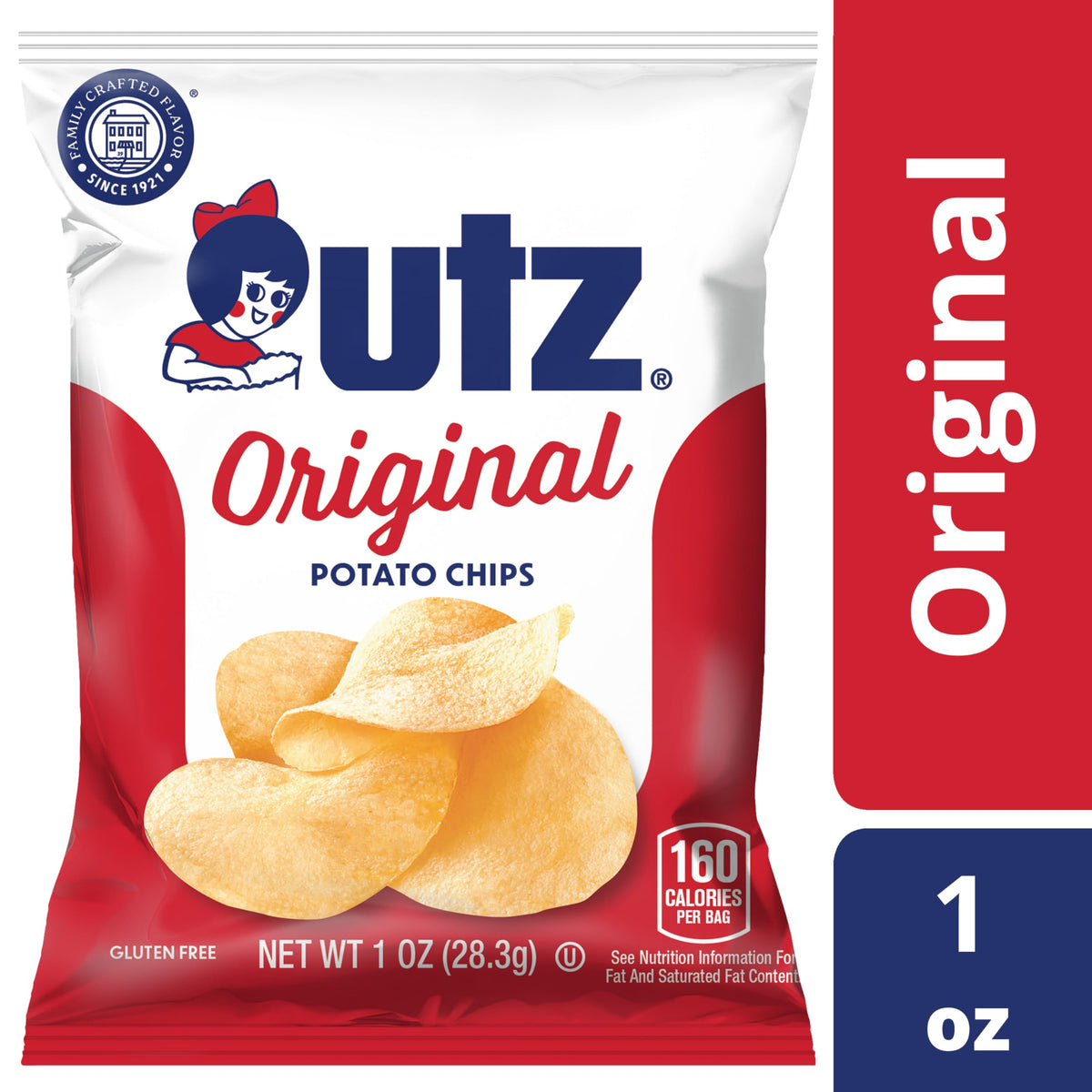 Utz Original 1oz bag side view, convenient single-serve snack for lunchboxes