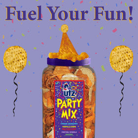 Utz Party Mix platter featuring cheese curls and pretzels