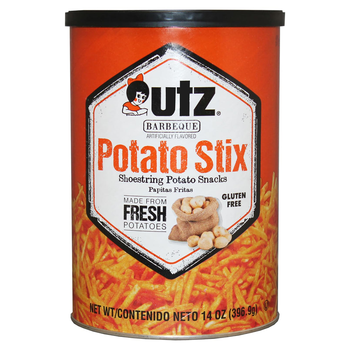 Utz Potato Stix BBQ canister front view highlights crisp texture and bold flavor for snacking.