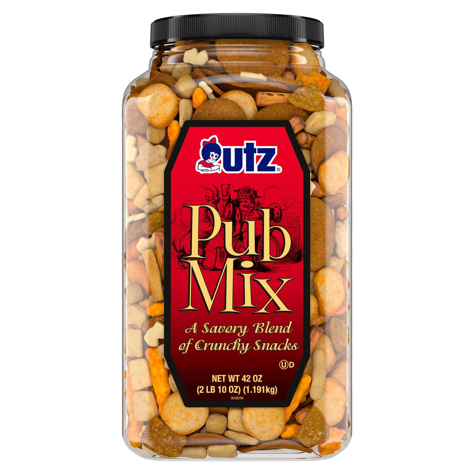 Utz Pub Mix barrel 42oz ready for sharing at gatherings.