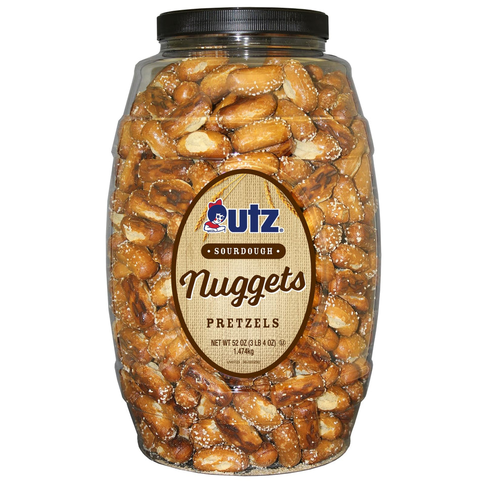 Utz Sourdough Nuggets in a barrel for easy sharing and storage