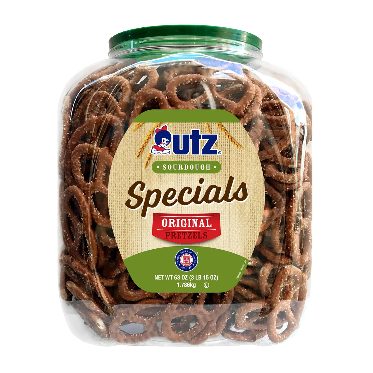 Utz Sourdough Specials Pretzels in a 63 oz barrel, crisp and savory.