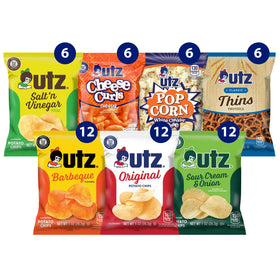 Utz 60-count variety box shows assorted snacks for travel and busy days.