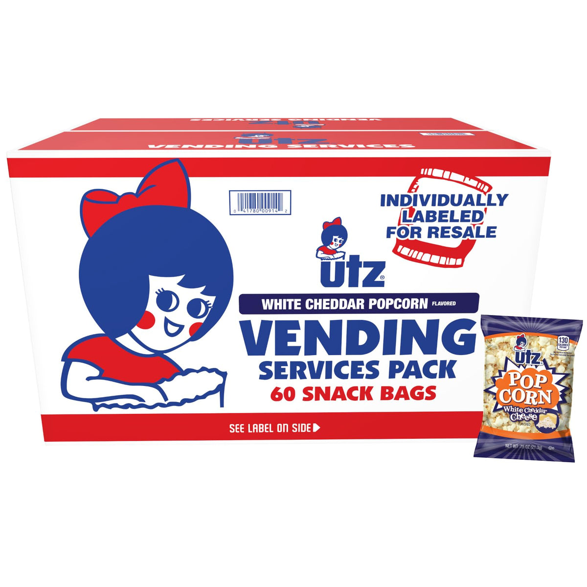 Utz White Cheddar popcorn in single-serve bags for convenient snacking.