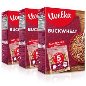 Uvelka buckwheat boil-in-bag box showing three-pack for quick meals