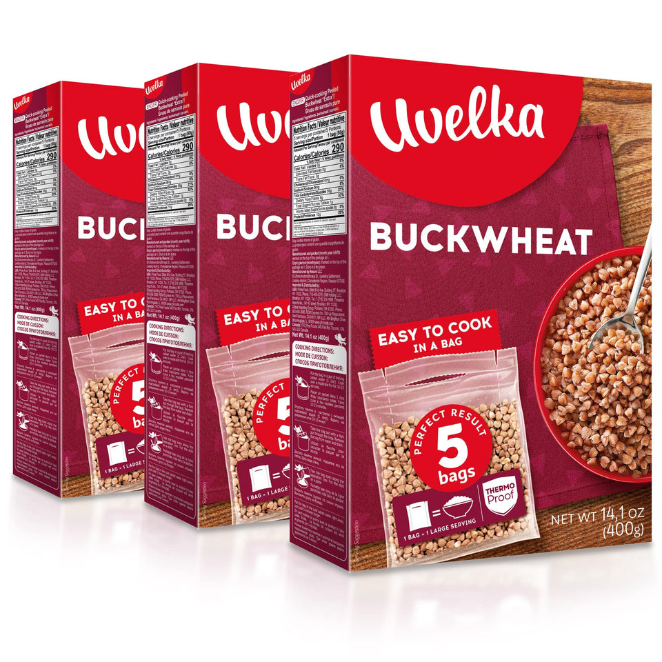 Uvelka buckwheat boil-in-bag box showing three-pack for quick meals