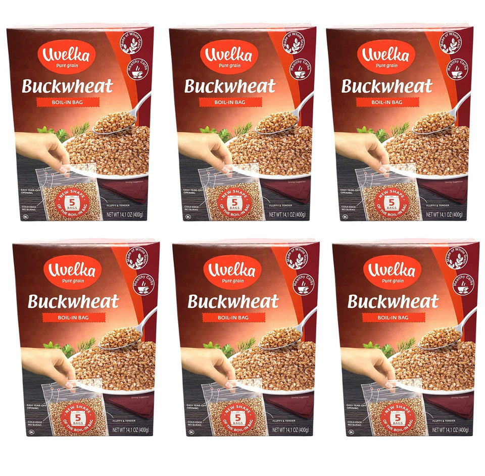 Uvelka Buckwheat boil-in-bag box front, convenient gluten-free staple.