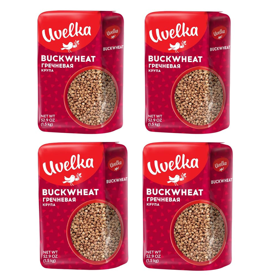 Uvelka Buckwheat Groats Extra in a 4x1500g pack, versatile gluten-free staple for meals.