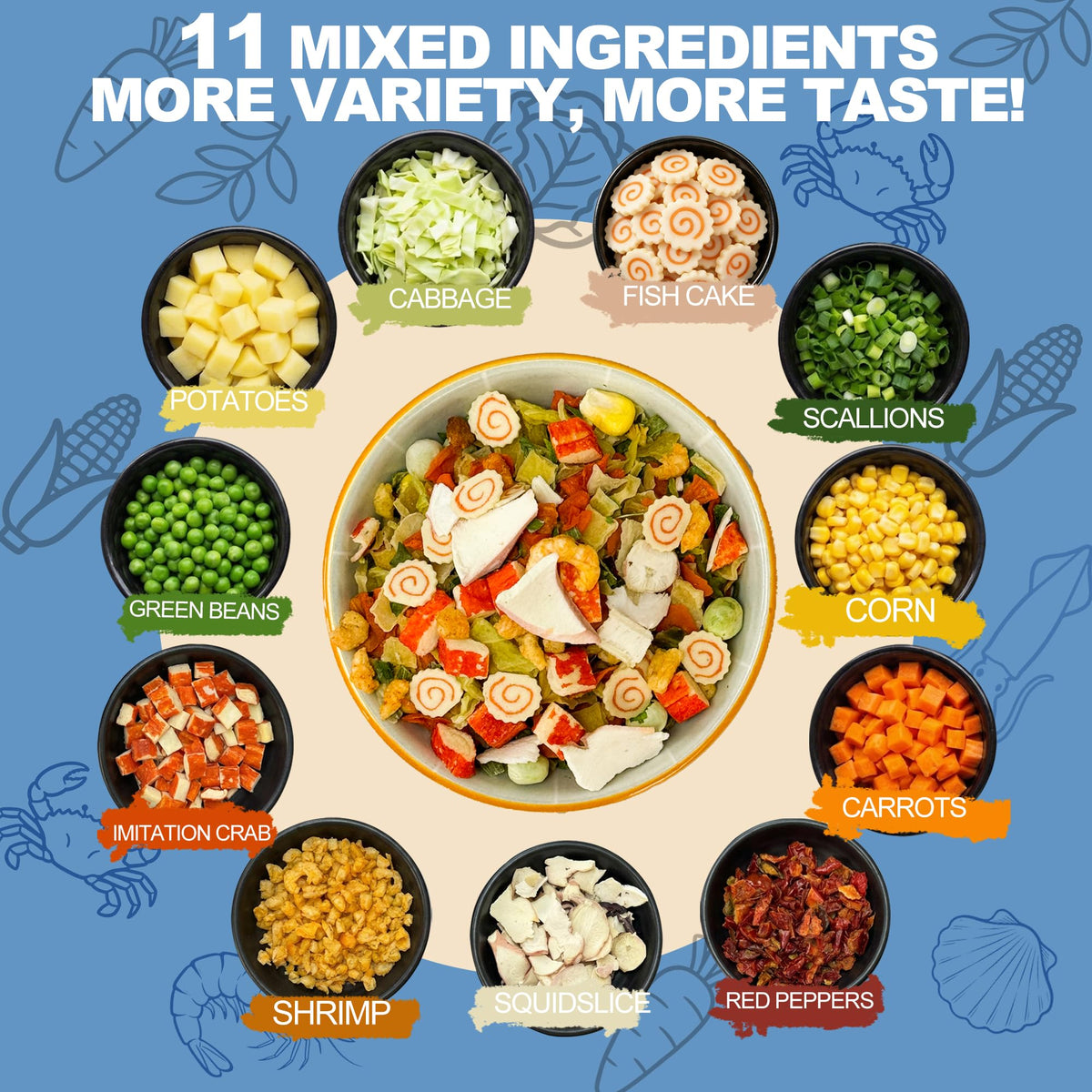 Squid, corn, peas and cabbage add texture in noodles