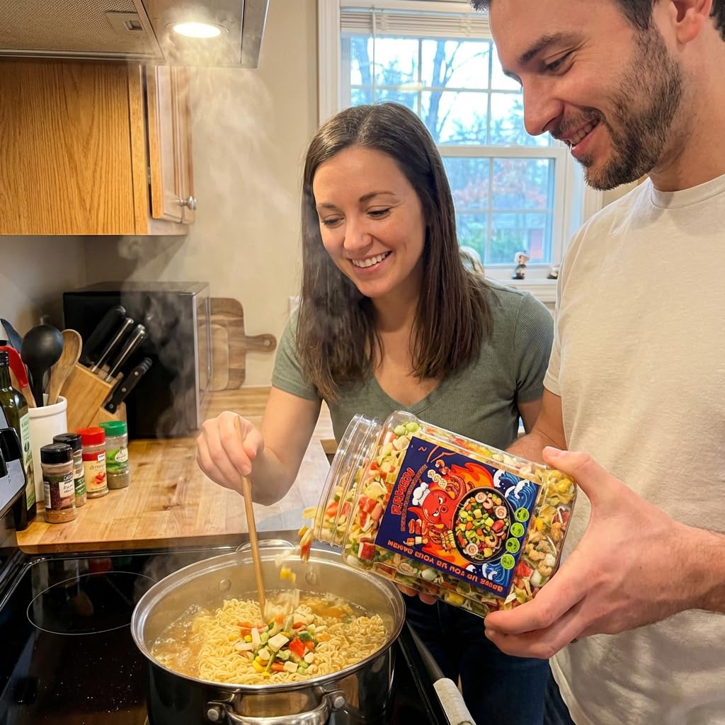 Ramen toppings rehydrate in about 3 minutes