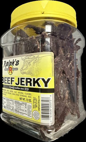 Uxxu Ralph's Beef Jerky jar, close-up texture highlighting dry, crunchy bites perfect for snacking