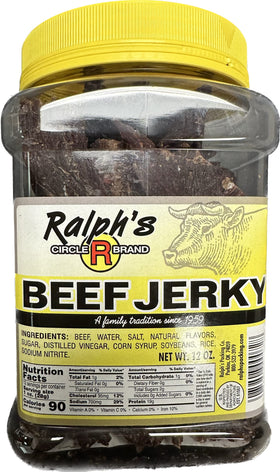 Uxxu Ralph's Beef Jerky jar, top view, showcasing thin crunchy slices for on-the-go protein