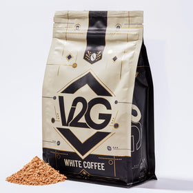 V2G White Coffee 16oz bag highlights premium single-origin Colombia beans for bold energy.