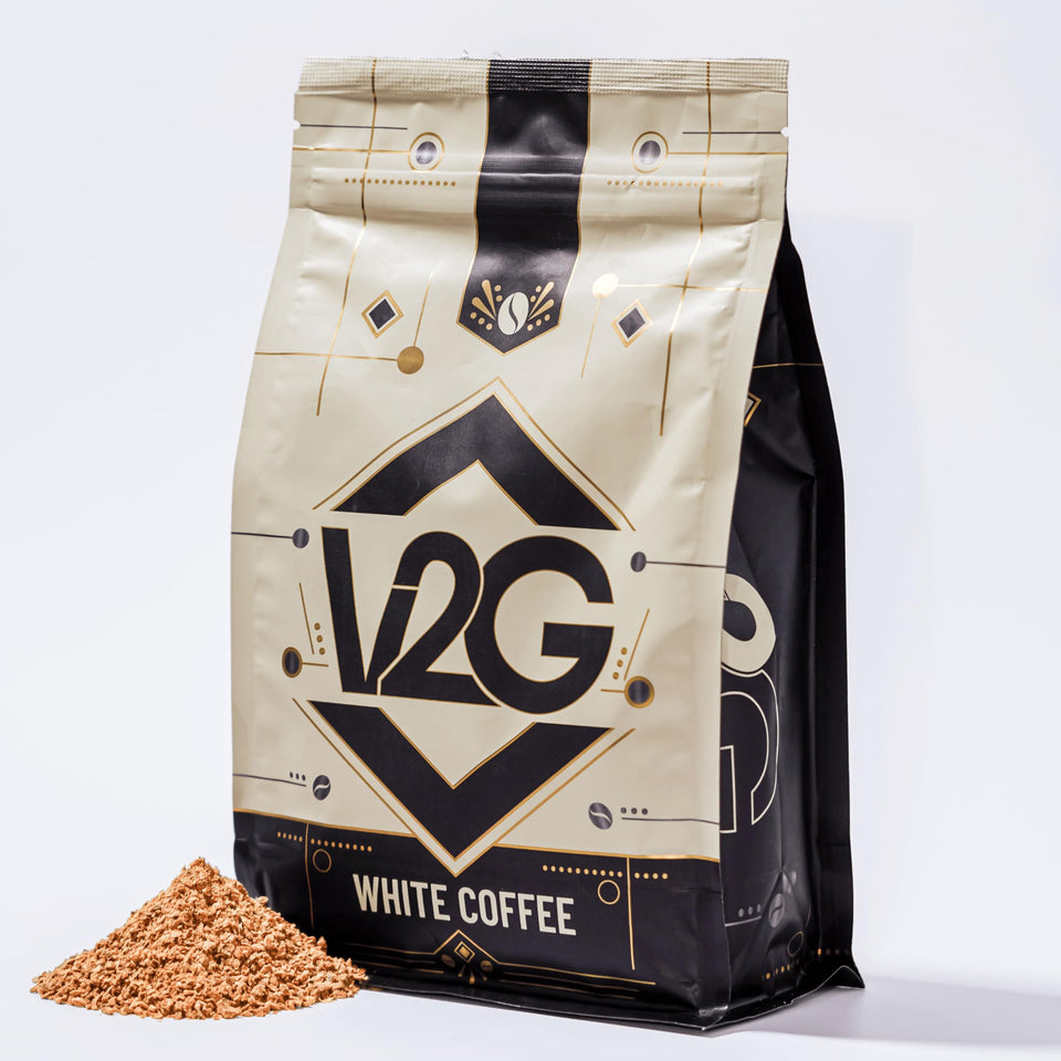 V2G White Coffee 16oz bag highlights premium single-origin Colombia beans for bold energy.