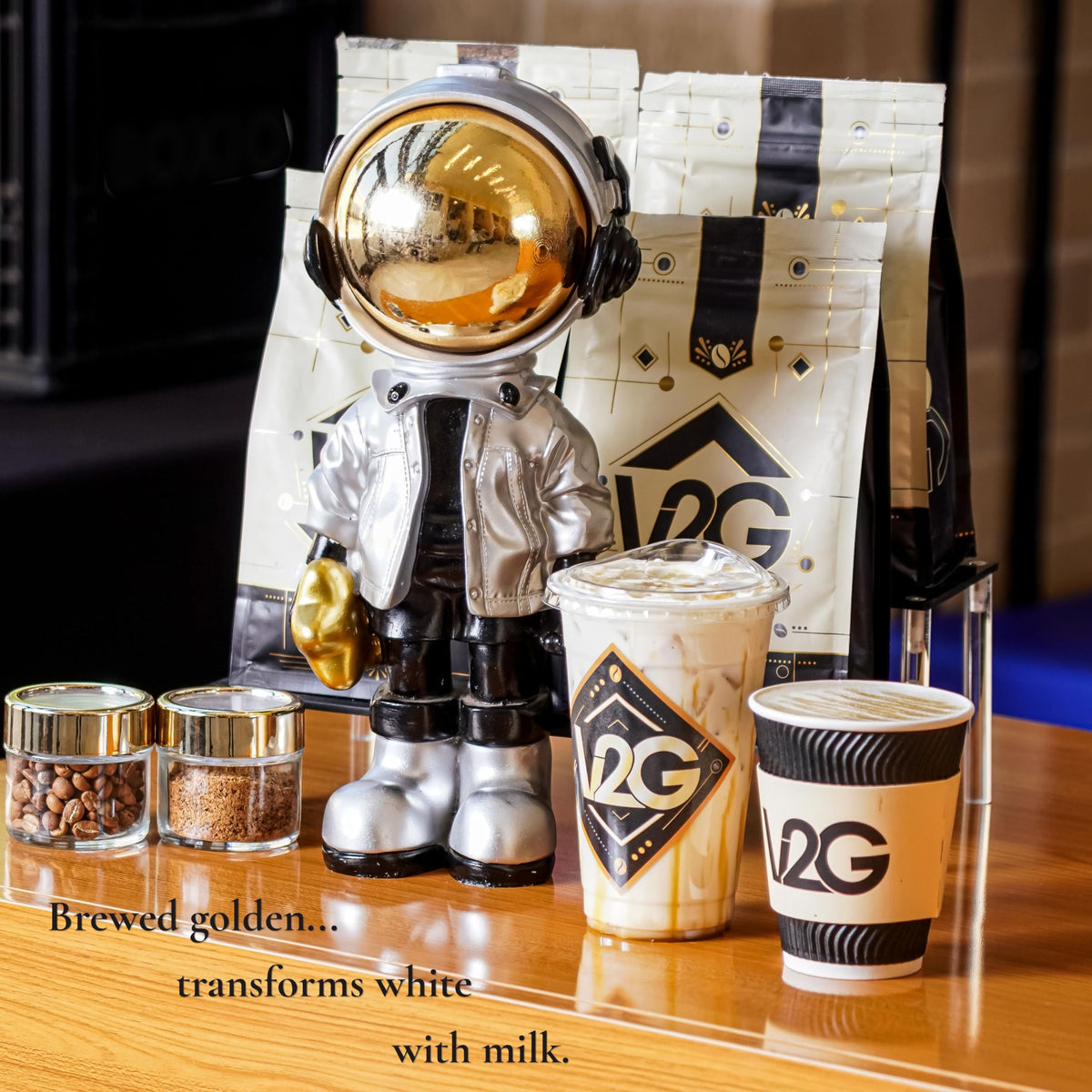 V2G White Coffee with creamer and syrups for flavor versatility.