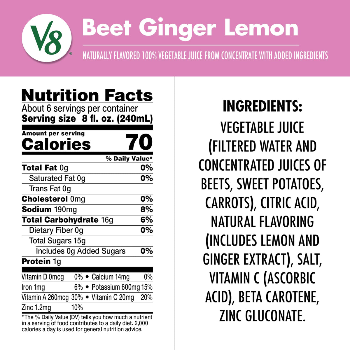V8 Beet Ginger Lemon juice glass served cold highlighting bold flavor