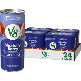 V8 Blissfully Berry 8-oz can front view highlights refreshing berry-vegetable blend