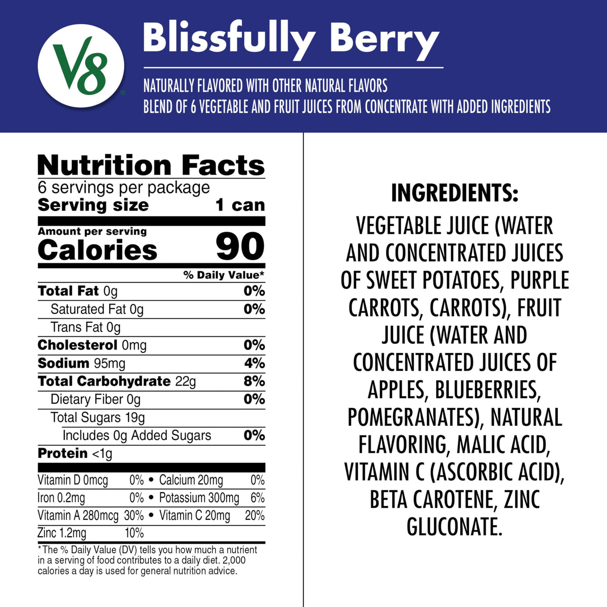 V8 Blissfully Berry can side view showing product packaging and pack size