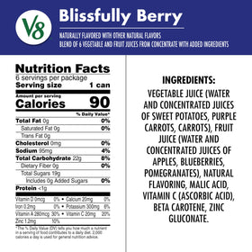 V8 Blissfully Berry can side view showing product packaging and pack size