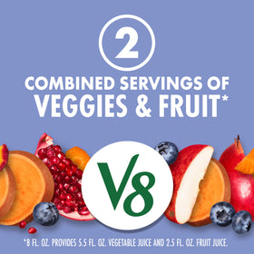 V8 Blissfully Berry ingredients list featuring sweet potatoes, purple carrots, apples, blueberries, pomegranates