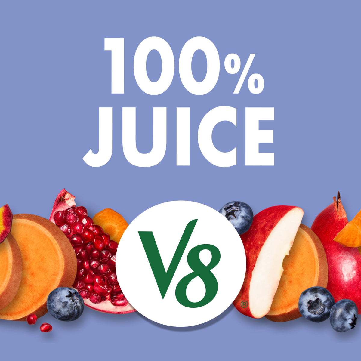 V8 Blissfully Berry nutrition facts panel with two servings per can and added vitamins