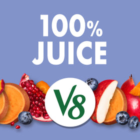 V8 Blissfully Berry nutrition facts panel with two servings per can and added vitamins