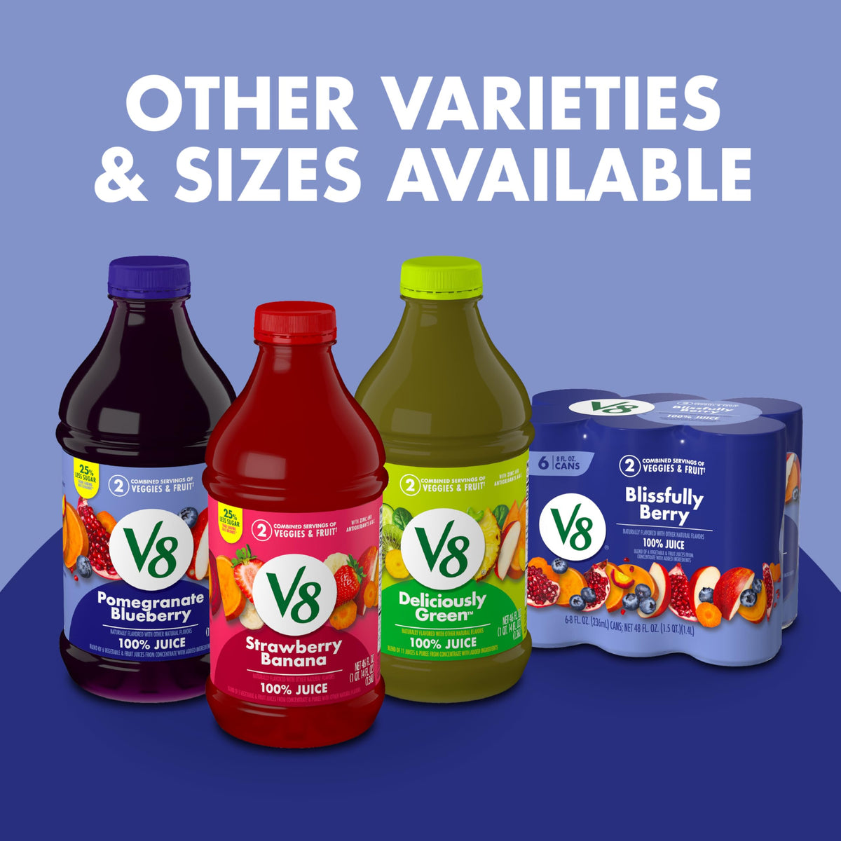 V8 Blissfully Berry close-up of the vegetable and fruit blend in the bottle