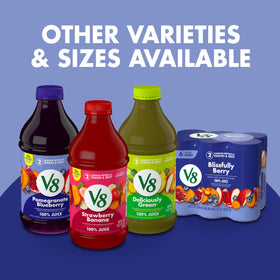 V8 Blissfully Berry close-up of the vegetable and fruit blend in the bottle