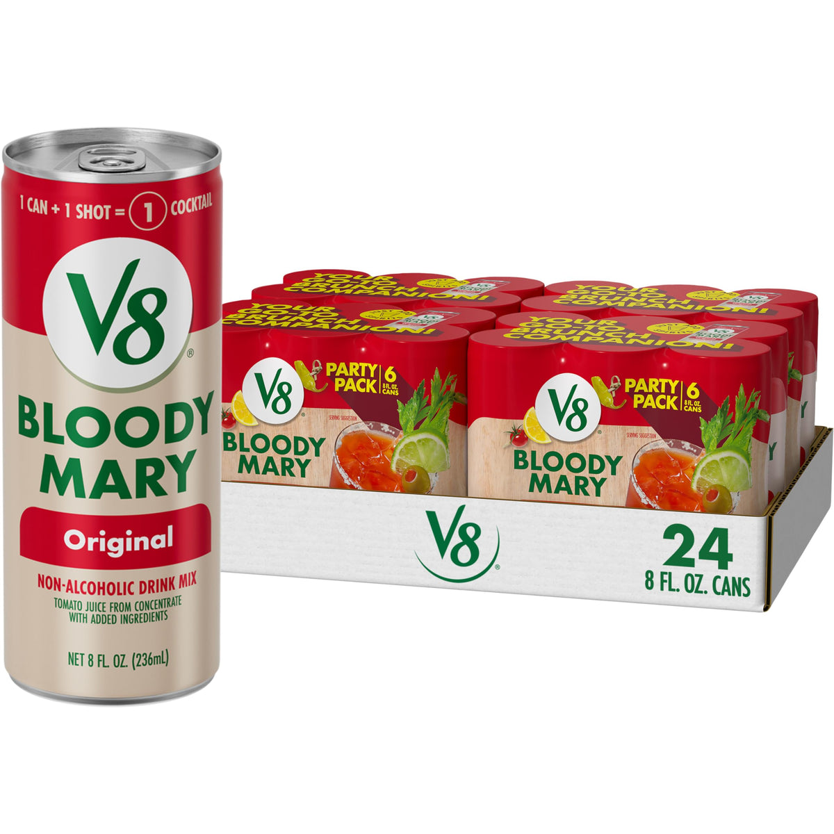 V8 Bloody Mary Mix 8 oz can being poured for a quick brunch cocktail.