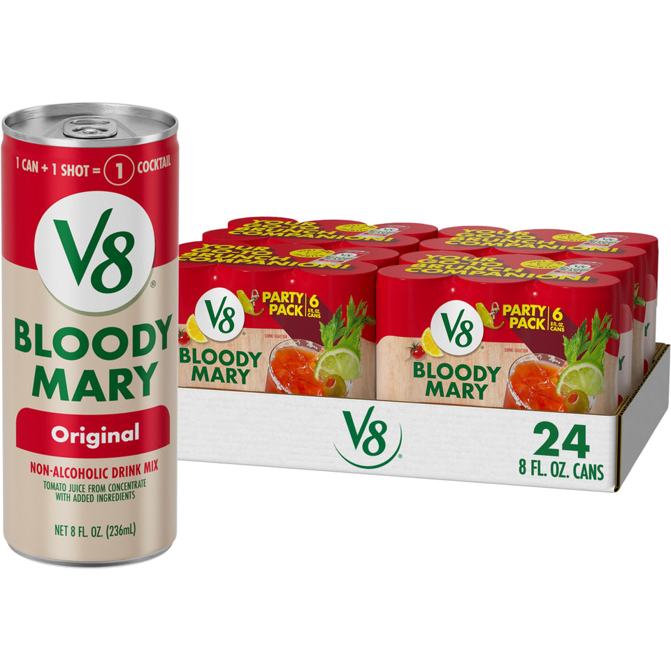 V8 Bloody Mary Mix 8 oz can being poured for a quick brunch cocktail.