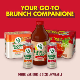 V8 Bloody Mary Mix bottle with celery garnish suggesting serving ideas.