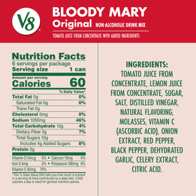 Cans of V8 Bloody Mary Mix stacked for easy storage during entertaining.