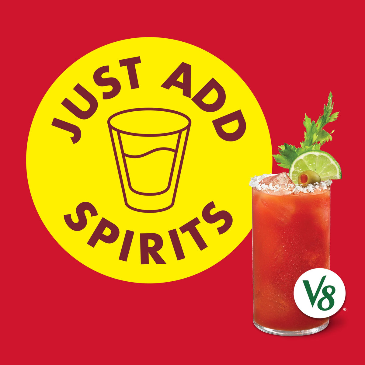 Pouring V8 Bloody Mary Mix with vodka for a fast cocktail.