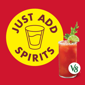 Pouring V8 Bloody Mary Mix with vodka for a fast cocktail.