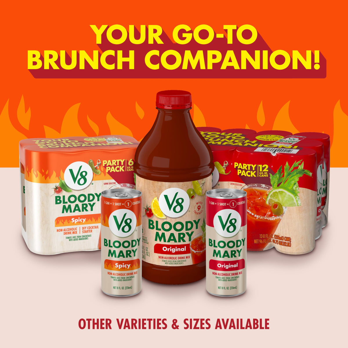 V8 Bloody Mary Spicy Mix with glass and garnishes, ideal brunch pairing