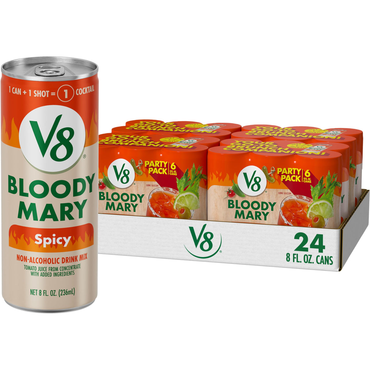V8 Bloody Mary Spicy Mix can front label, ready to mix for a bold brunch cocktail