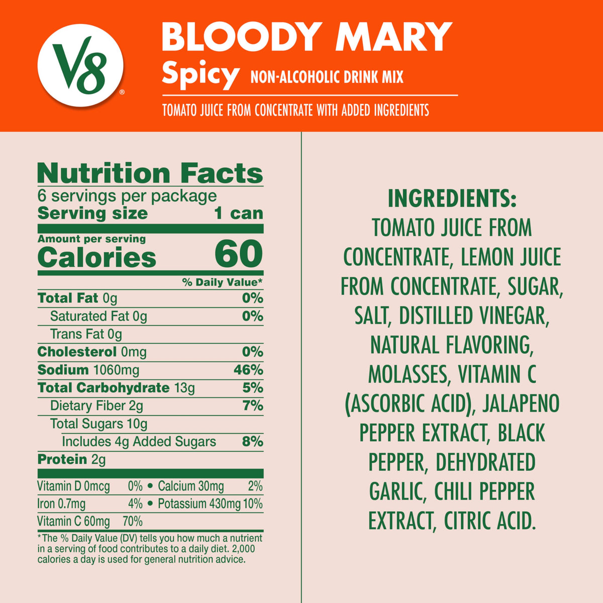 V8 Bloody Mary Spicy Mix can label closeup, ideal base for quick cocktails