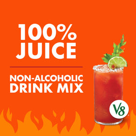 V8 Bloody Mary Spicy Mix glass with garnish, showcases ready to serve cocktail solution