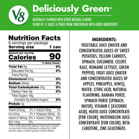 V8 Deliciously Green 8oz can poured into a glass for a refreshing sip.