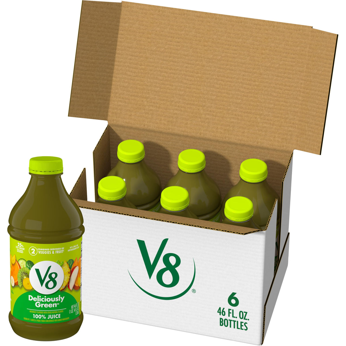 V8 Deliciously Green bottle pour showing plant-powered refreshment