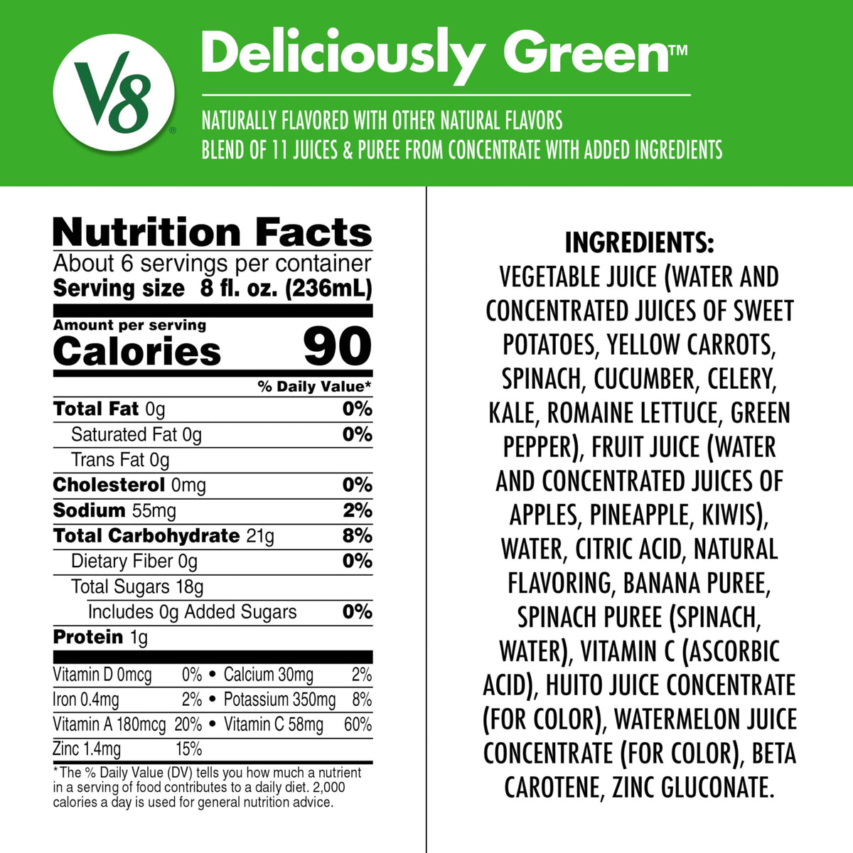 V8 Deliciously Green glass with juice highlighting two servings per 8 oz
