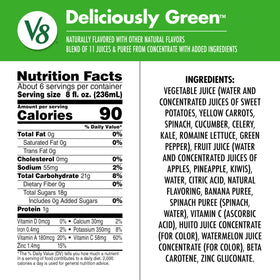 V8 Deliciously Green glass with juice highlighting two servings per 8 oz