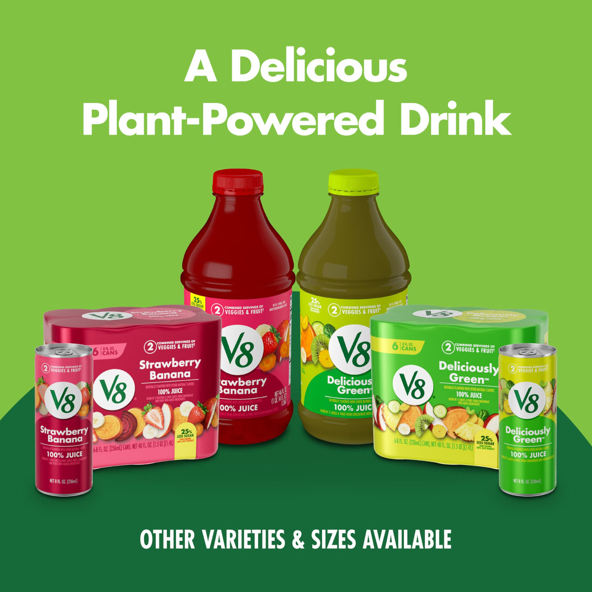 V8 Deliciously Green gluten-free and non-GMO badge on packaging.