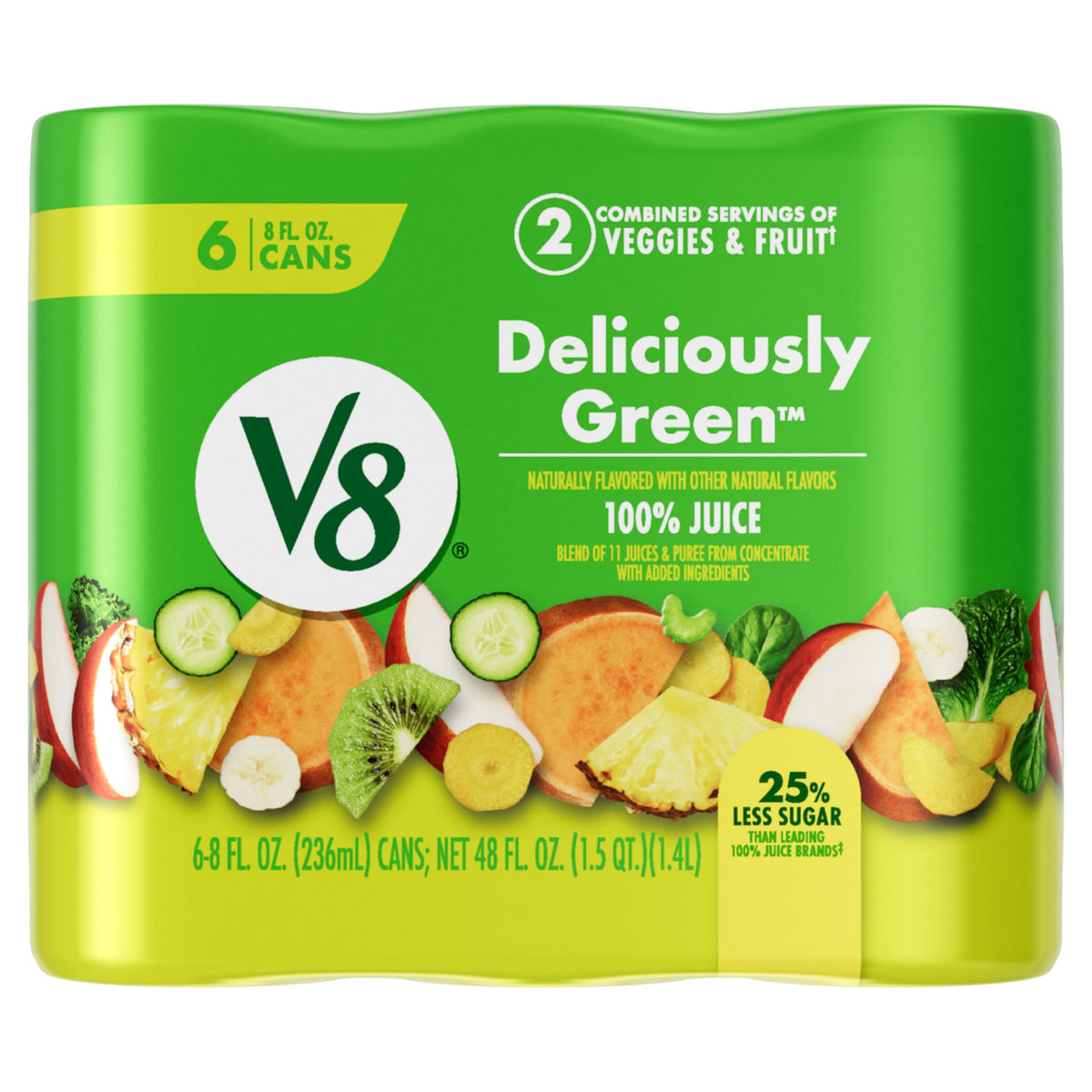 V8 Deliciously Green packaging indicates eco-friendly recyclable materials.