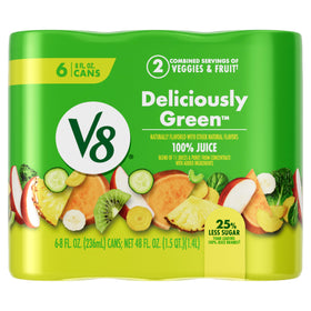 V8 Deliciously Green packaging indicates eco-friendly recyclable materials.