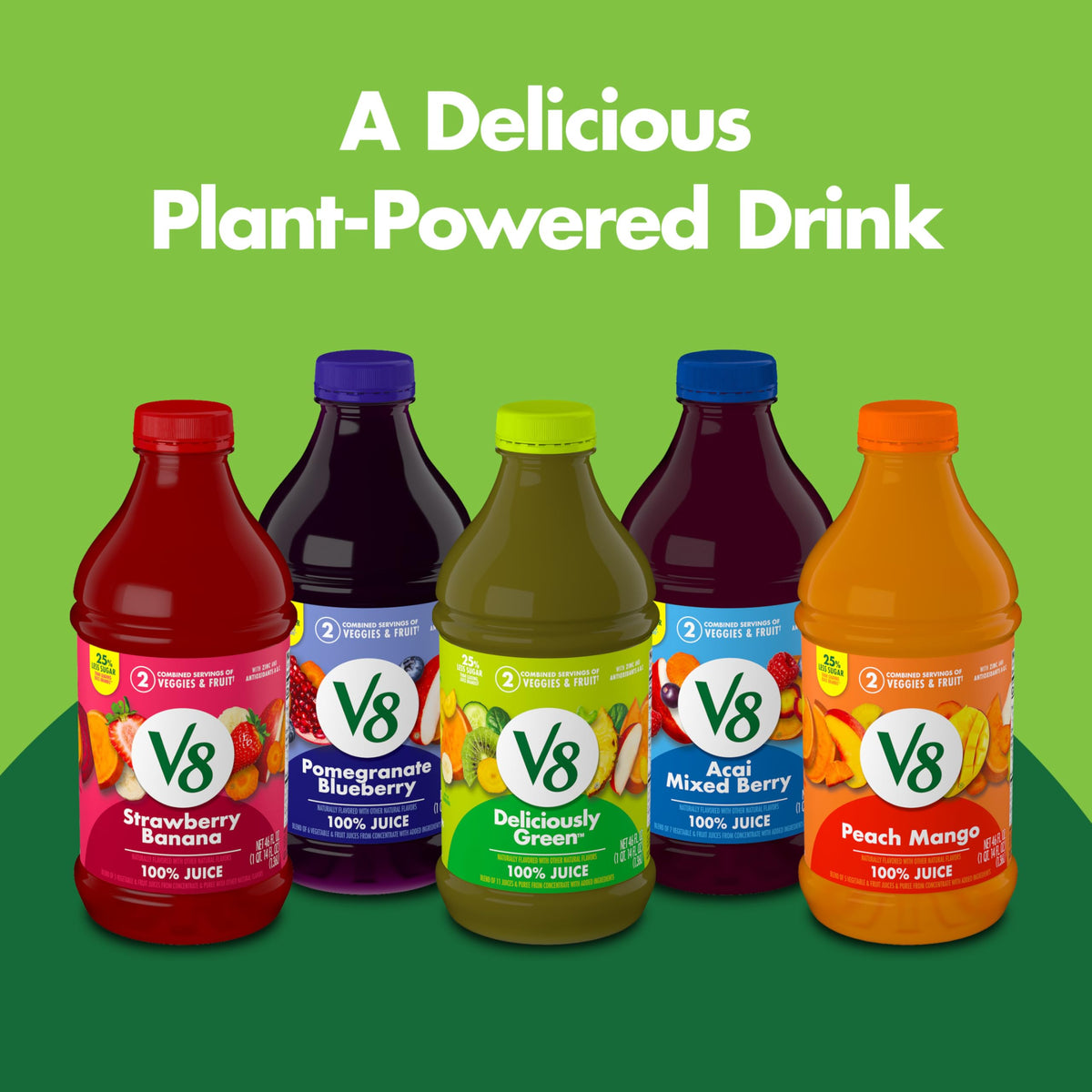 V8 Deliciously Green spinach cucumber carrot imagery for a veggie-forward juice